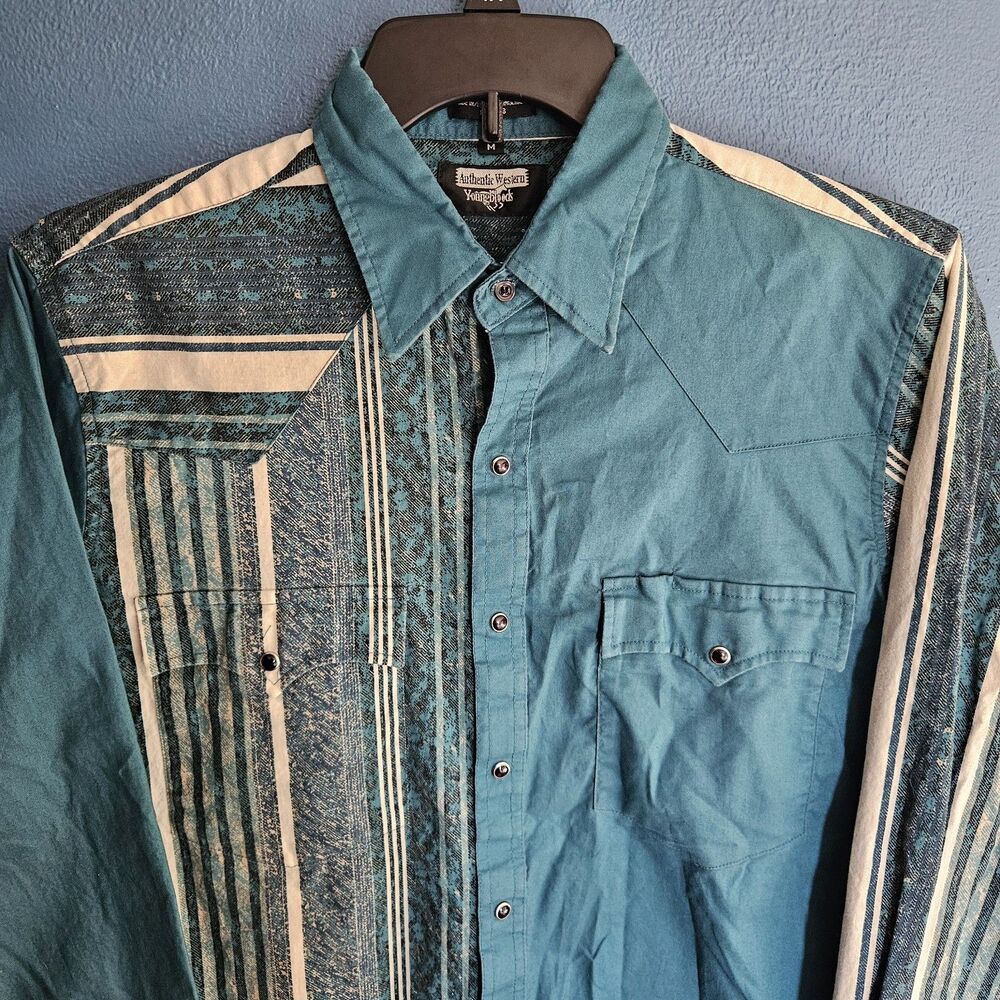 Youngbloods Shirt Pearl Snap Western Mens M Turquoise Teal Geometric Long Sleeve